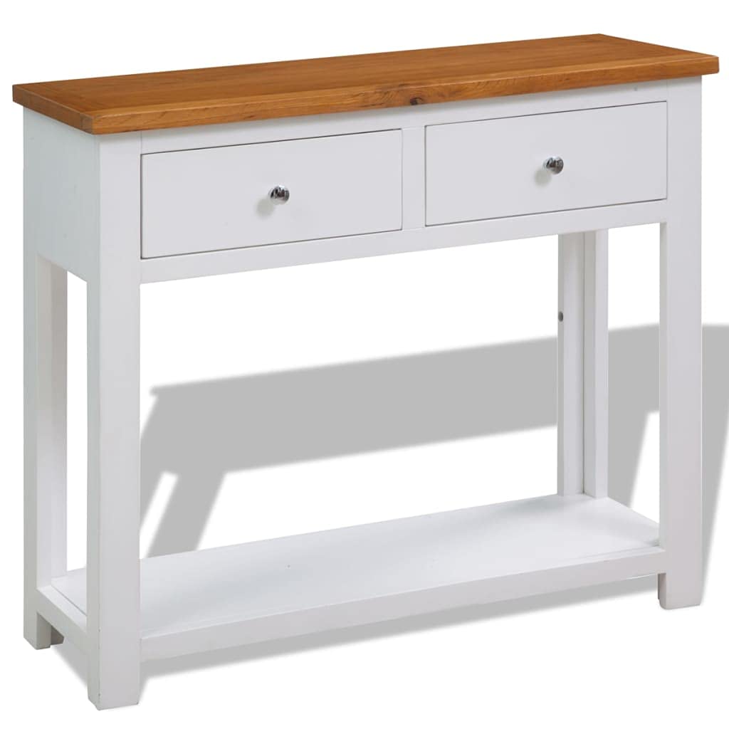 Solid Oak Wood Console Table with Two Drawers and Shelf Q2765
