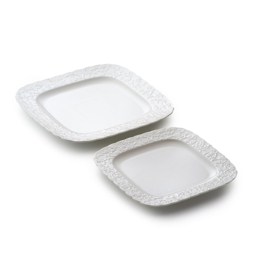 Ceramic Square Dinner Plates Set of 4, 10 & 12 Inch Embossed Salad Plates B28456