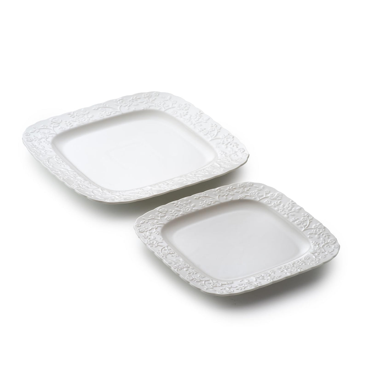 Ceramic Square Dinner Plates Set of 4, 10 & 12 Inch Embossed Salad Plates B28456