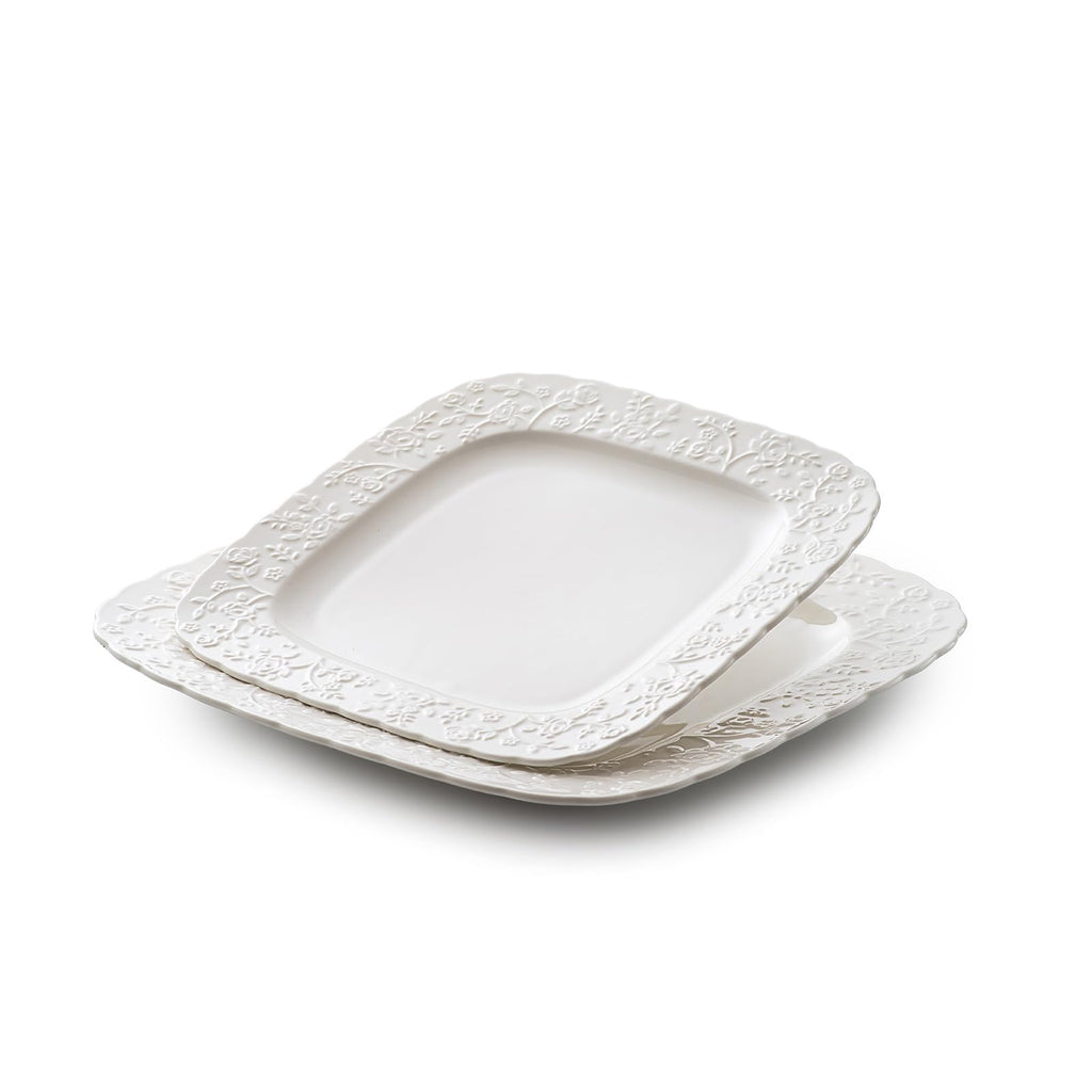 Ceramic Square Dinner Plates Set of 4, 10 & 12 Inch Embossed Salad Plates B28456