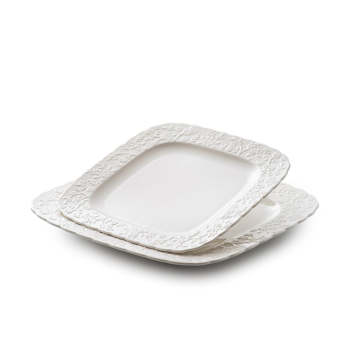 Ceramic Square Dinner Plates Set of 4, 10 & 12 Inch Embossed Salad Plates B28456