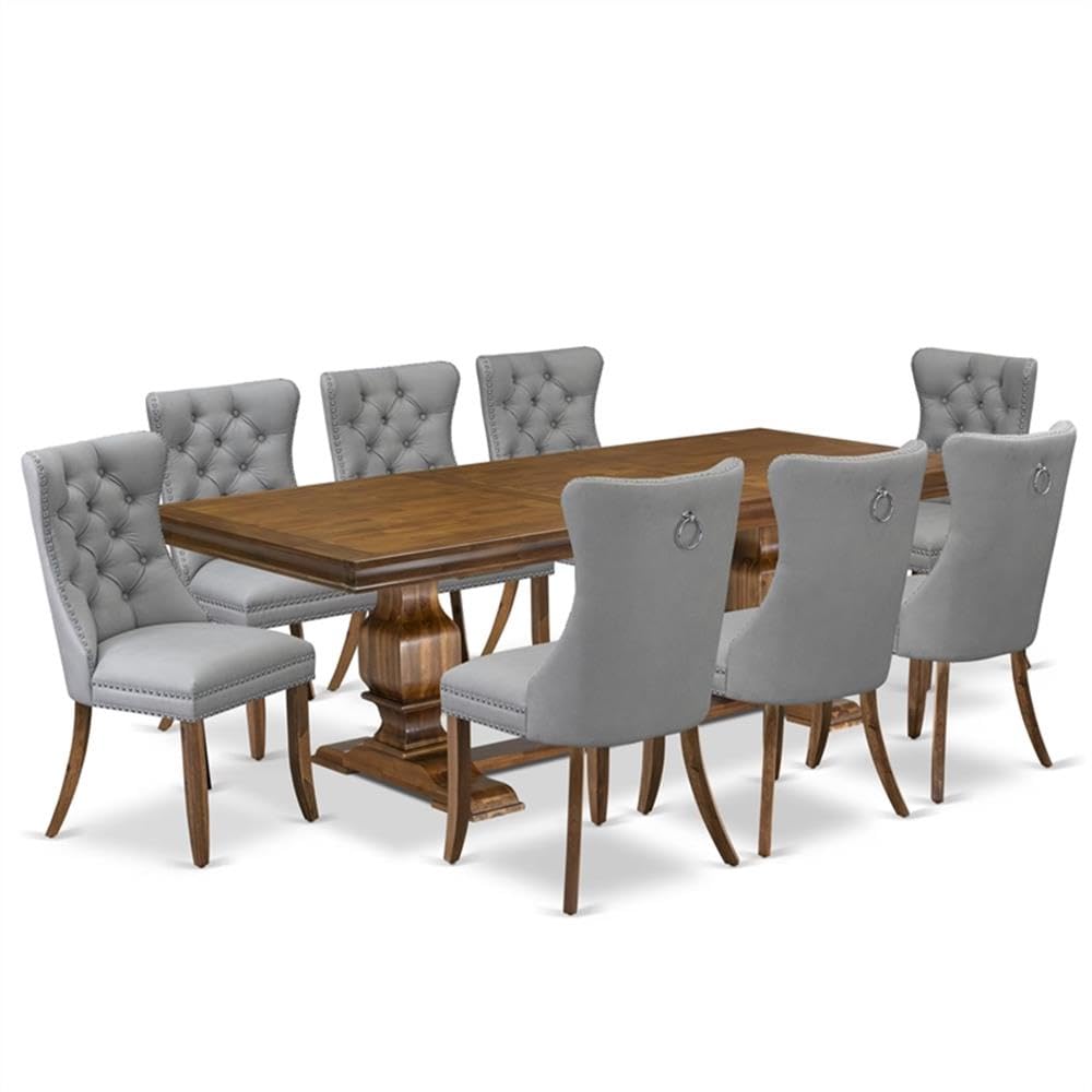 9-Piece Acacia Wood Dining Table Set with 8 Gray Faux Leather Chairs K724621