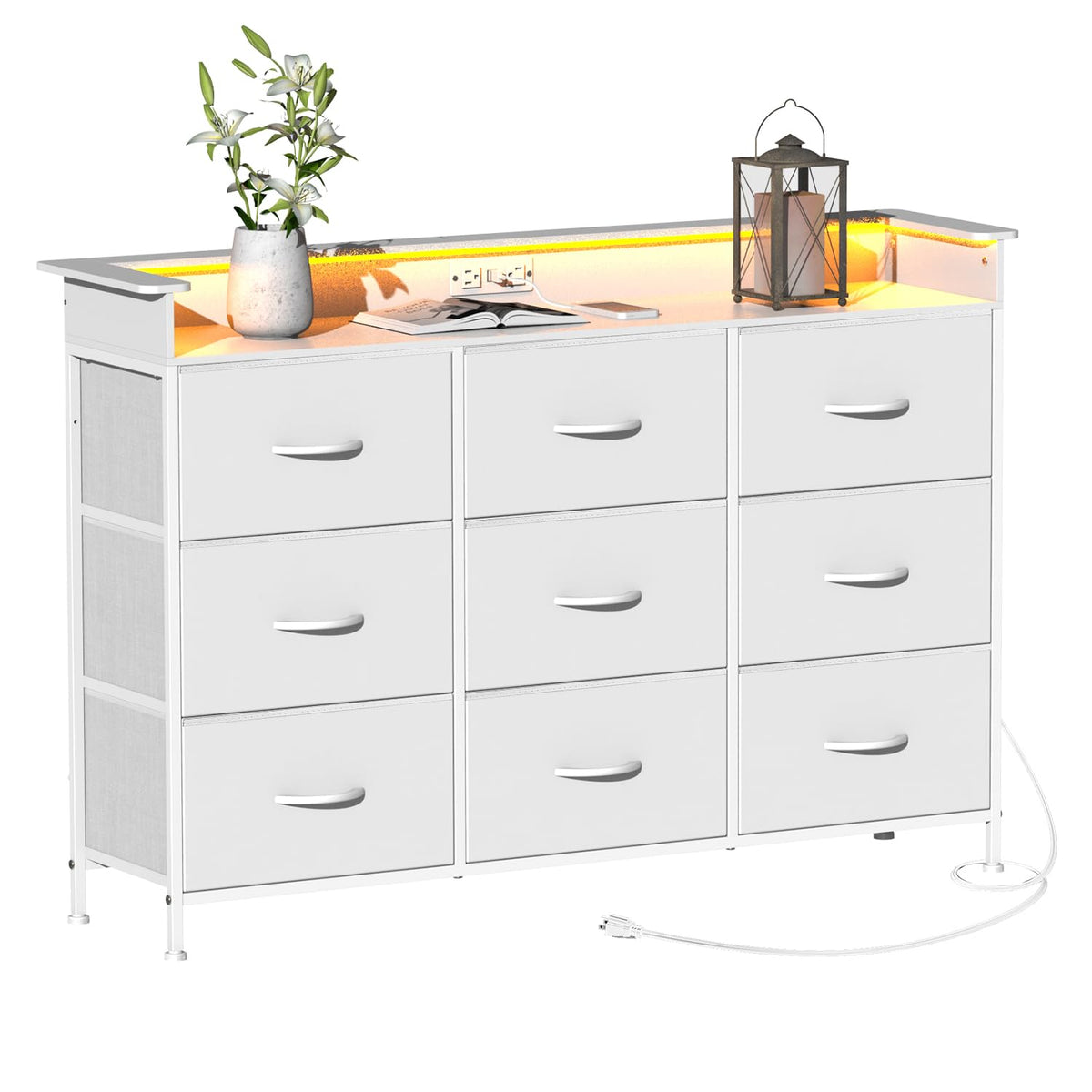 White 9 Drawer Dresser with LED Light and Charging Station Y3062