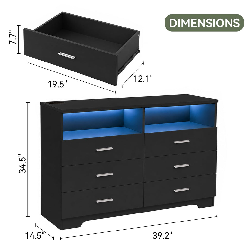 Black 6 Drawer Wood Dresser with Power Outlets M1245