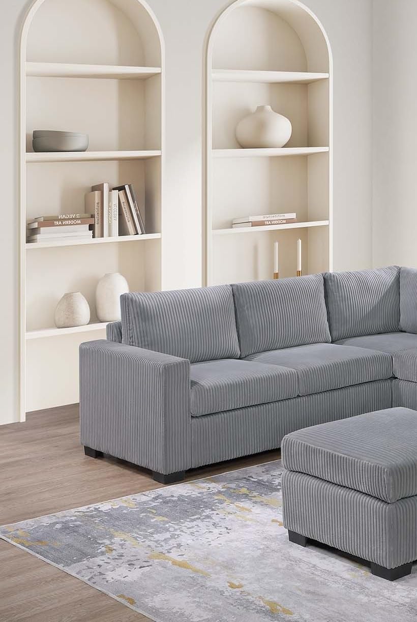 Light Gray Corduroy Upholstered Sectional Sofa Set I634805