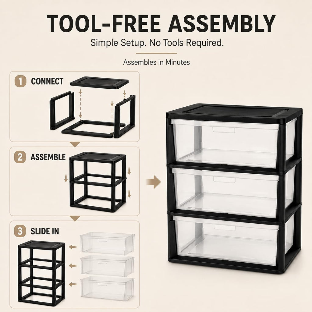 Plastic 3 Drawer Storage Tower with Clear Removable Bins X569952