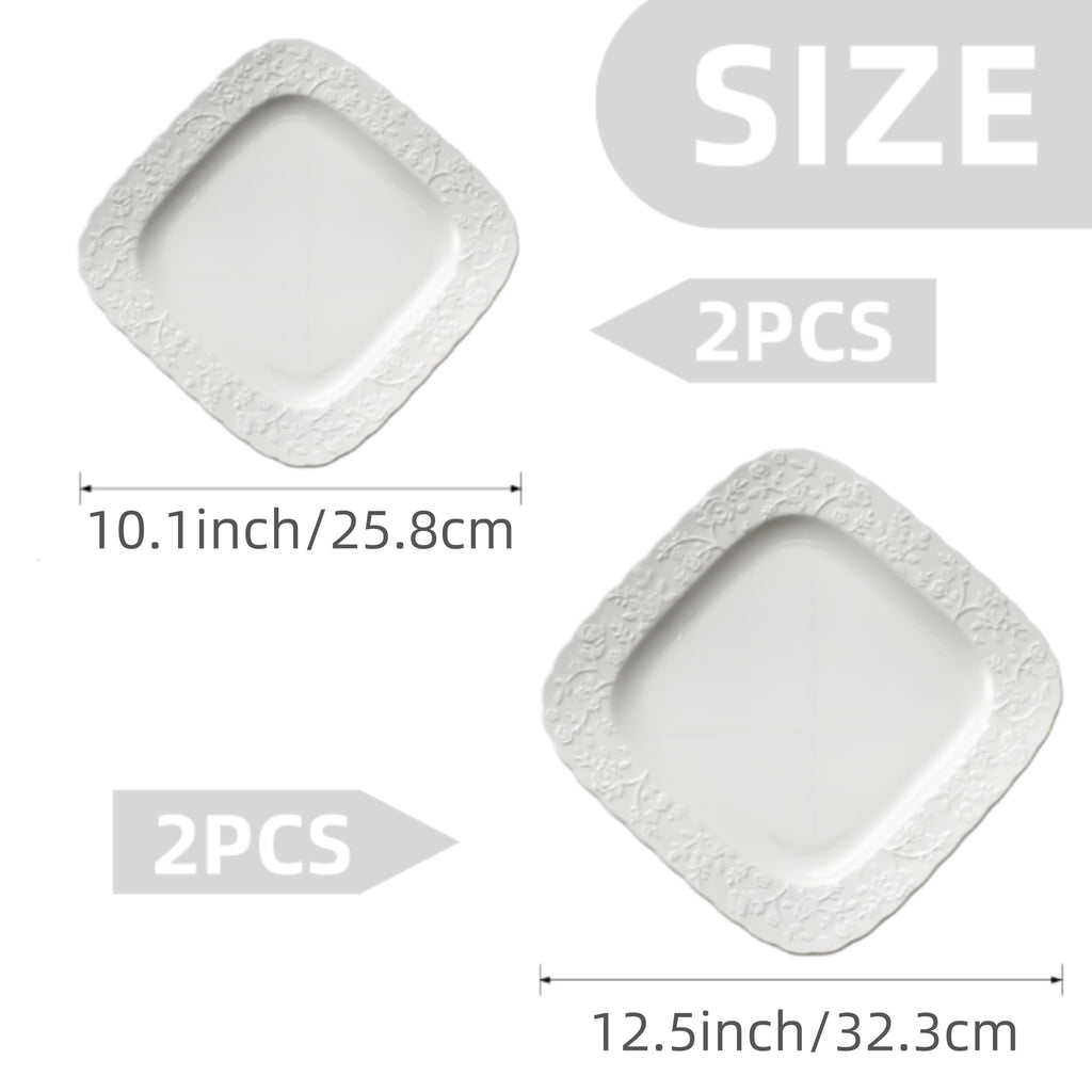 Ceramic Square Dinner Plates Set of 4, 10 & 12 Inch Embossed Salad Plates B28456