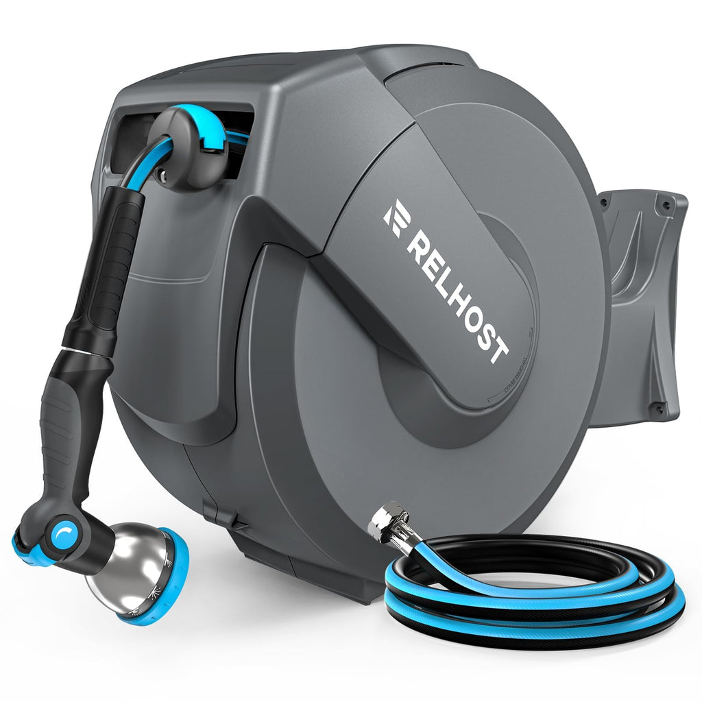 Retractable Garden Hose Reel, 5/8 in x 100 ft Wall Mount Heavy Duty with 10-Pattern Nozzle, Dark Grey N2044