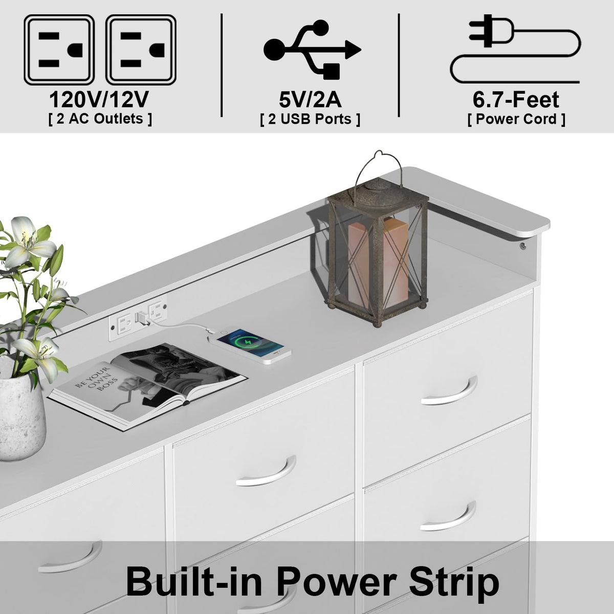 White 9 Drawer Dresser with LED Light and Charging Station Y3062