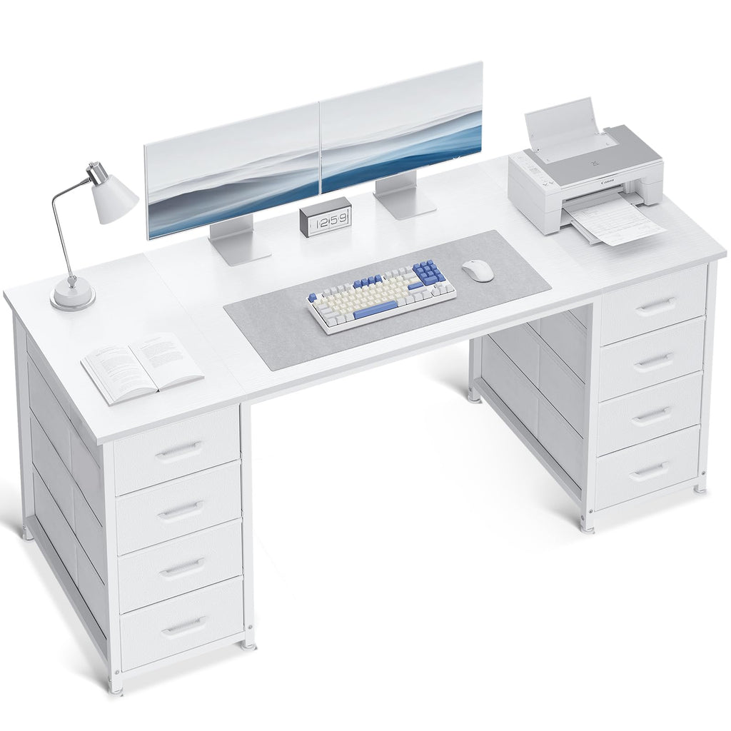 55 Inch Computer Desk with 8 Fabric Drawers White E837272