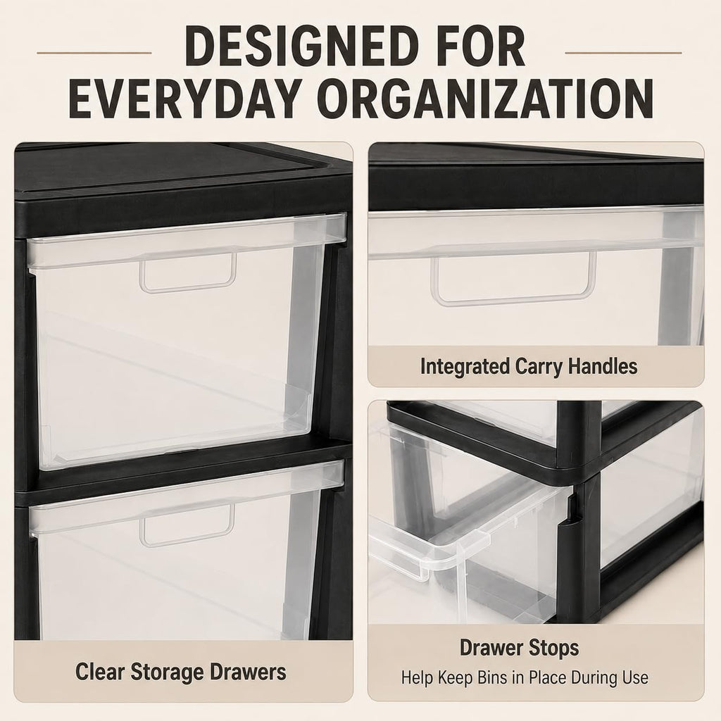 Plastic 3 Drawer Storage Tower with Clear Removable Bins X569952