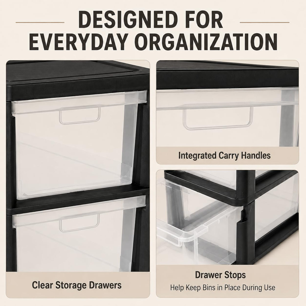 Plastic 3 Drawer Storage Tower with Clear Removable Bins X569952