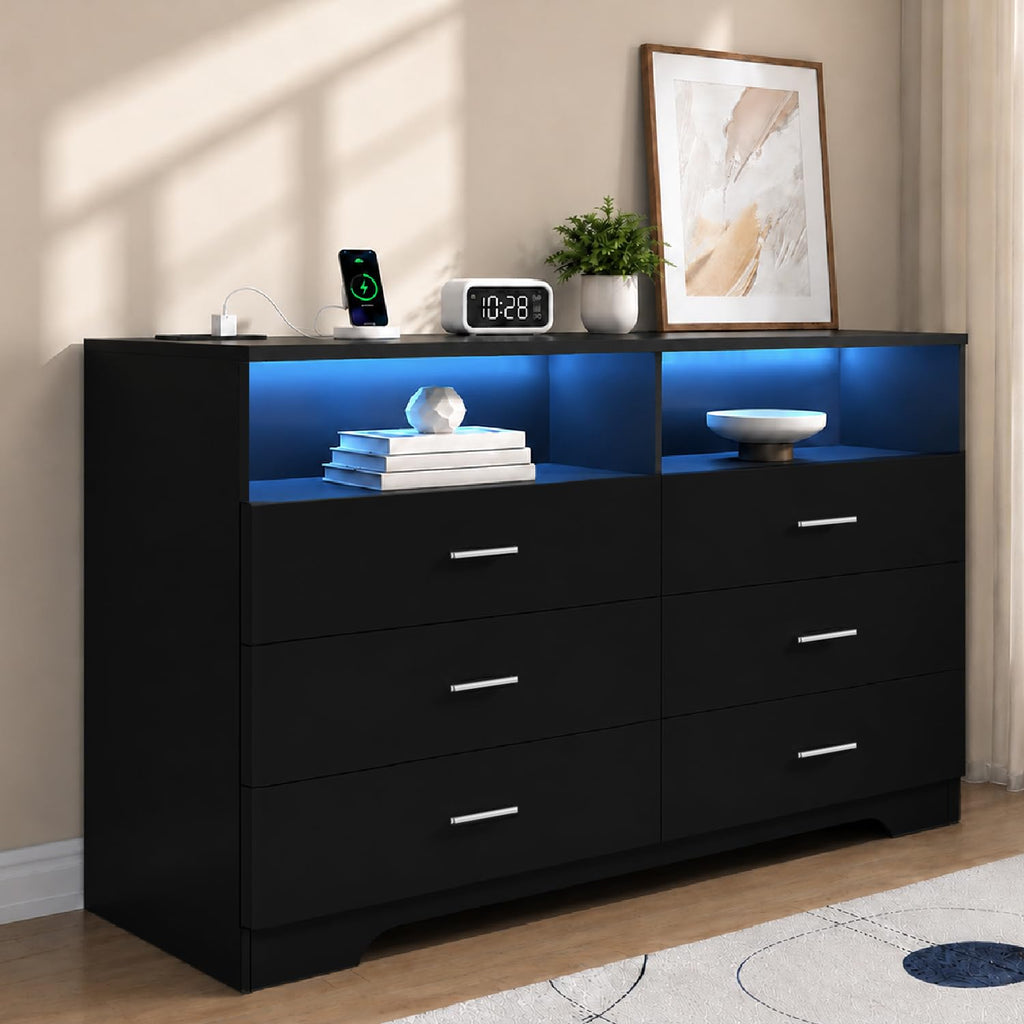Black 6 Drawer Wood Dresser with Power Outlets M1245