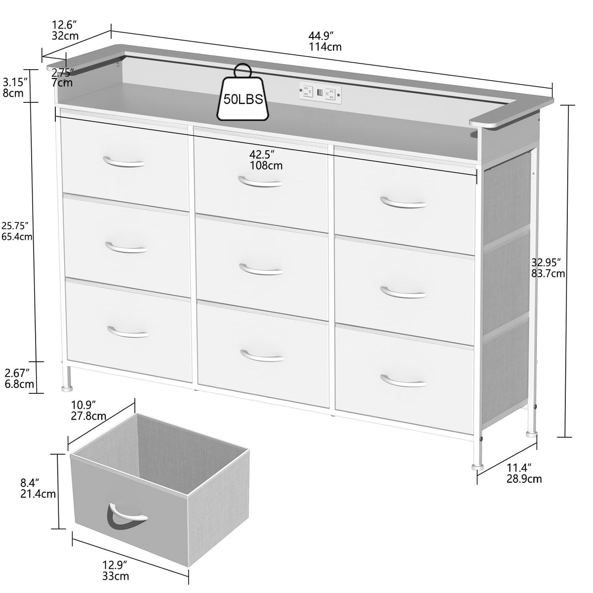 White 9 Drawer Dresser with LED Light and Charging Station Y3062