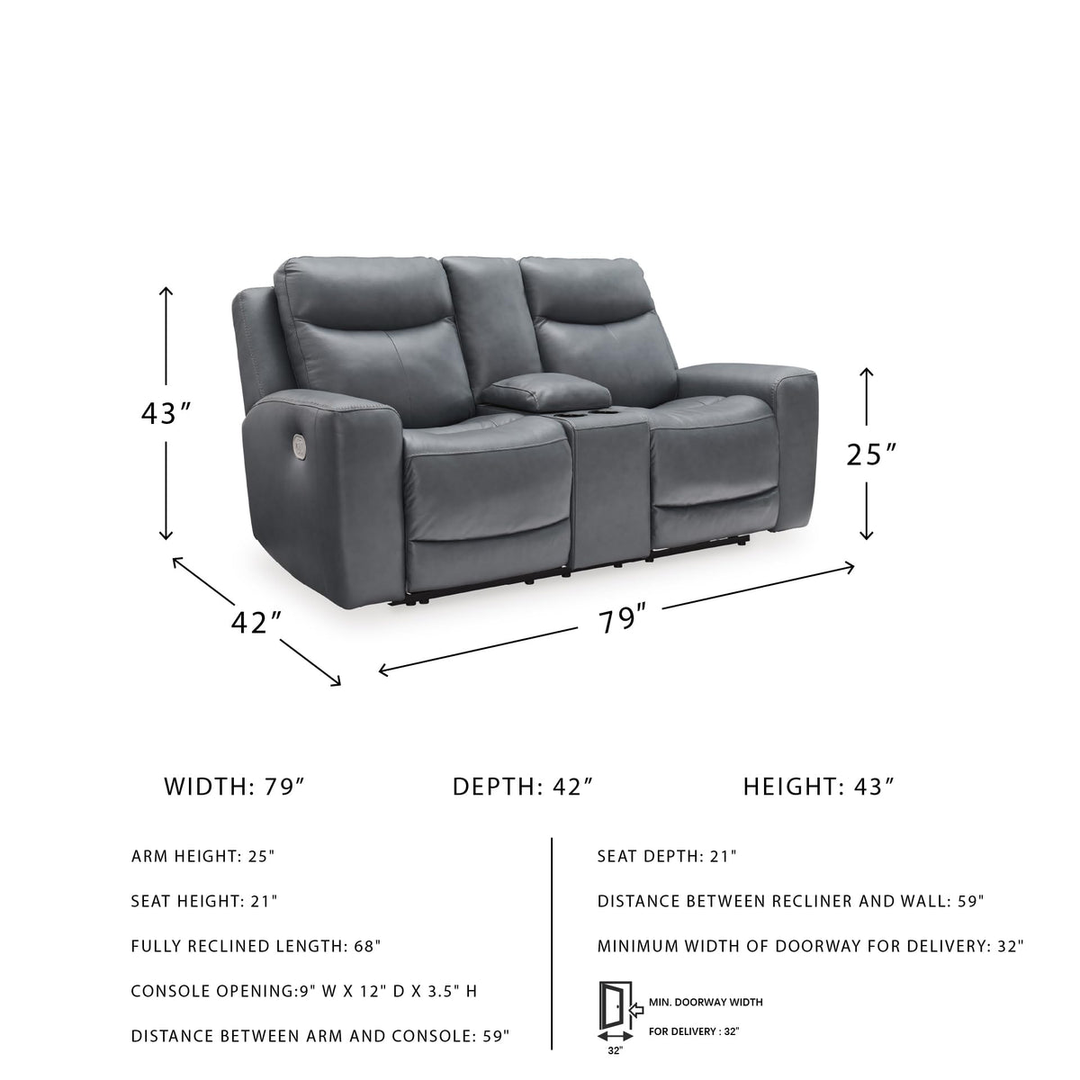 Gray Leather Match Power Reclining Loveseat with Console G5115