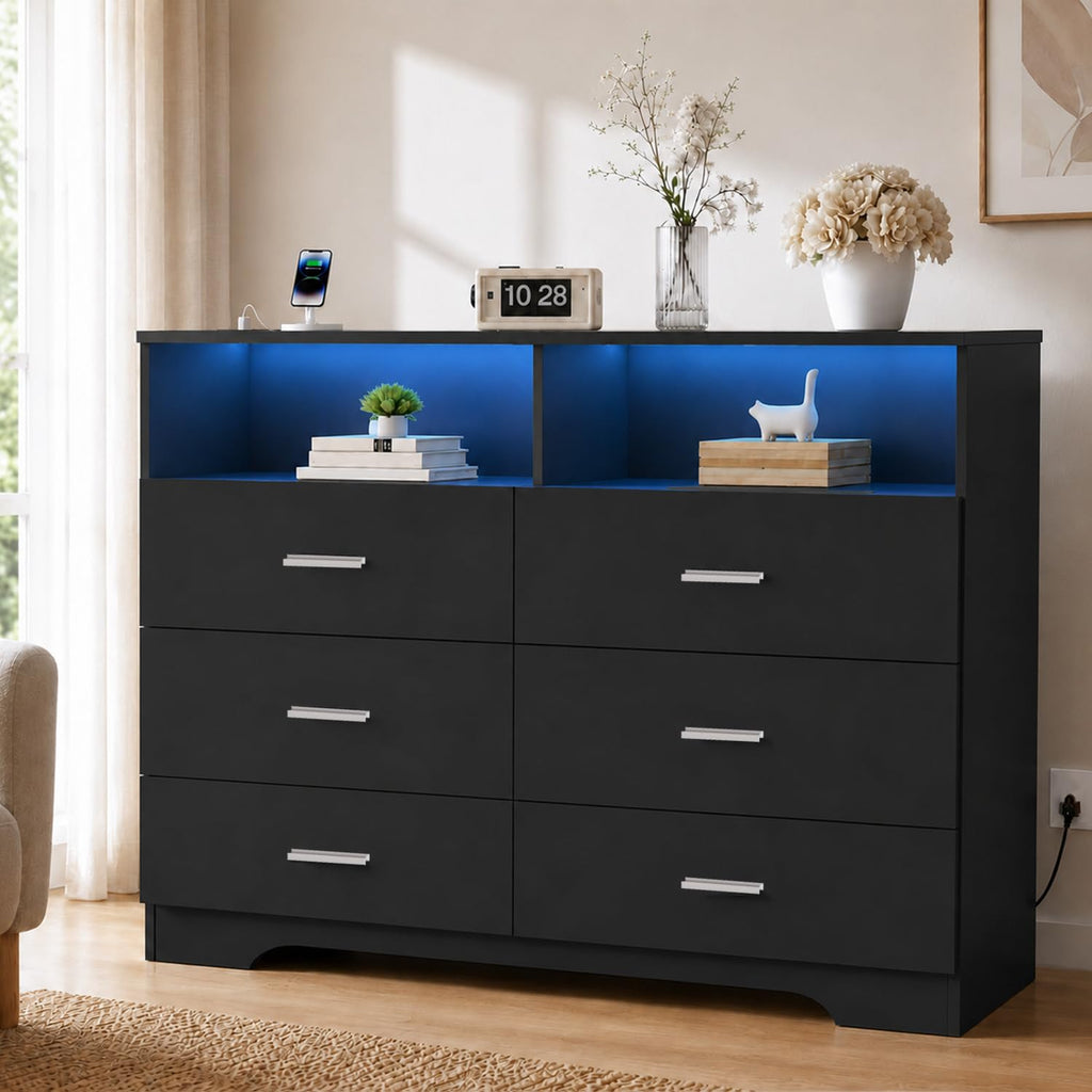 Black 6 Drawer Wood Dresser with Power Outlets M1245