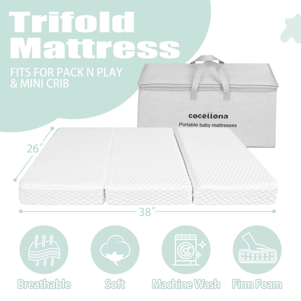 38”x26” Trifold Dual-Firmness Memory Foam Pack and Play Mattress T77334