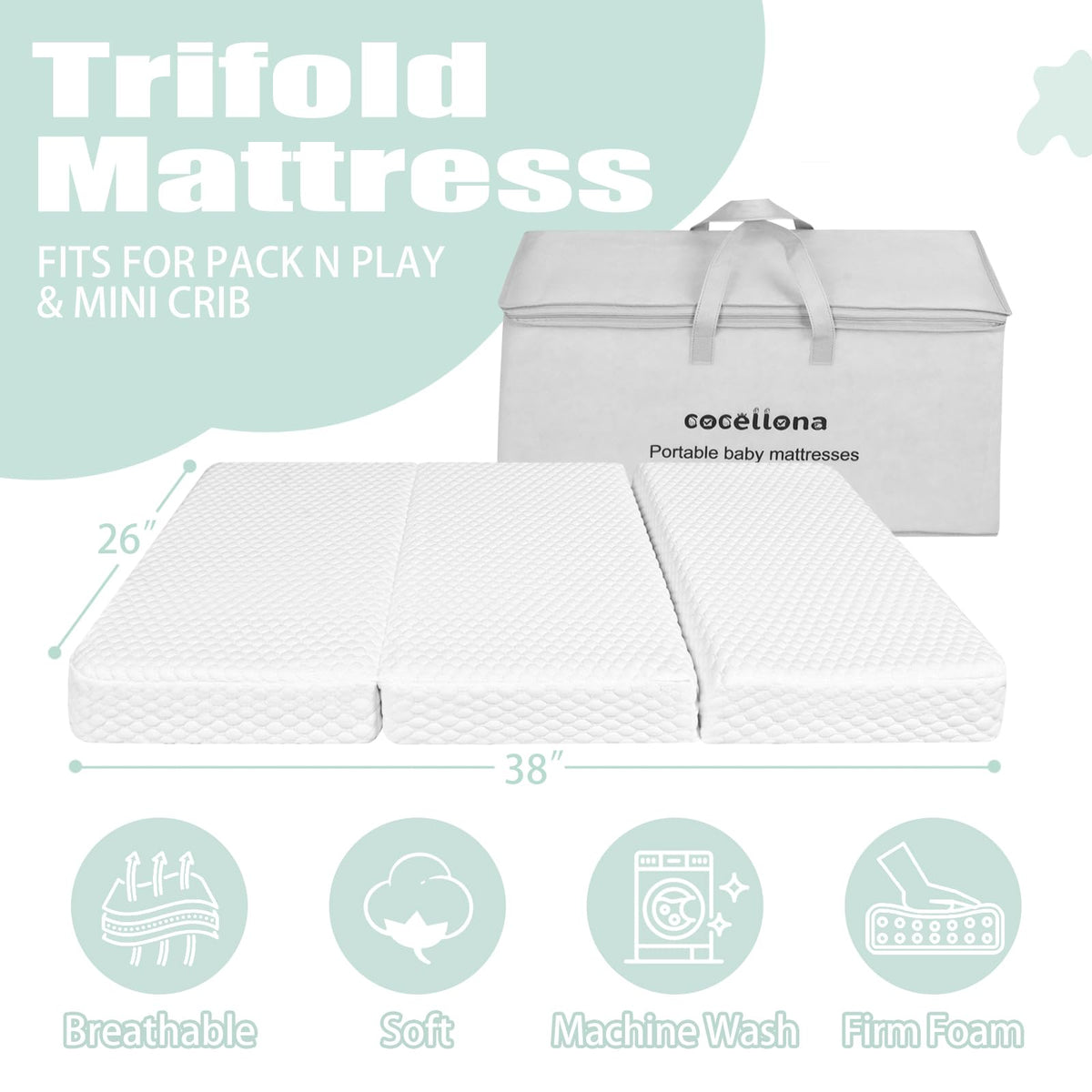 38”x26” Trifold Dual-Firmness Memory Foam Pack and Play Mattress T77334