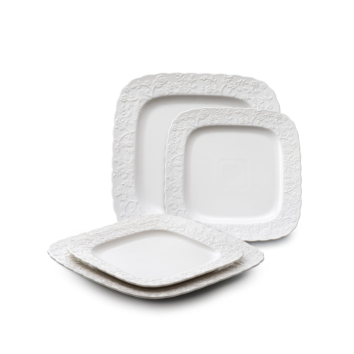 Ceramic Square Dinner Plates Set of 4, 10 & 12 Inch Embossed Salad Plates B28456