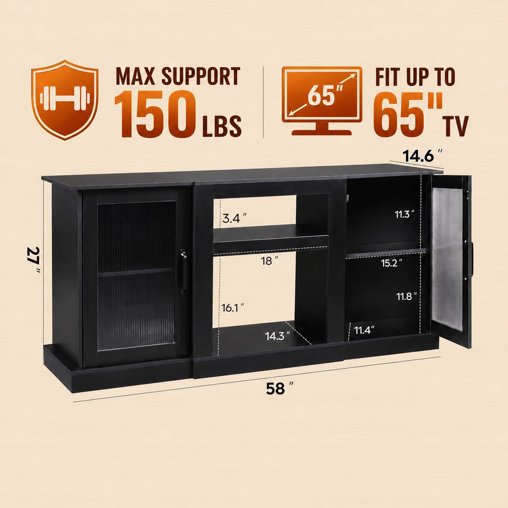 Black 58" TV Stand with Storage Cabinets and Adjustable Shelves M9776