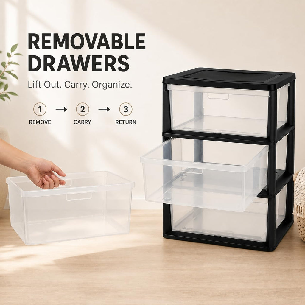 Plastic 3 Drawer Storage Tower with Clear Removable Bins X569952