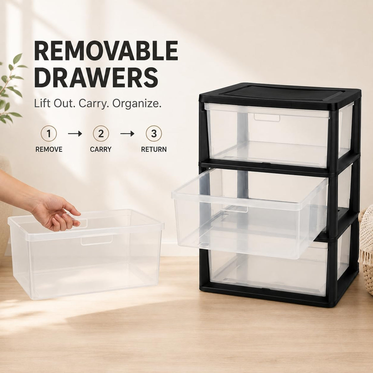 Plastic 3 Drawer Storage Tower with Clear Removable Bins X569952