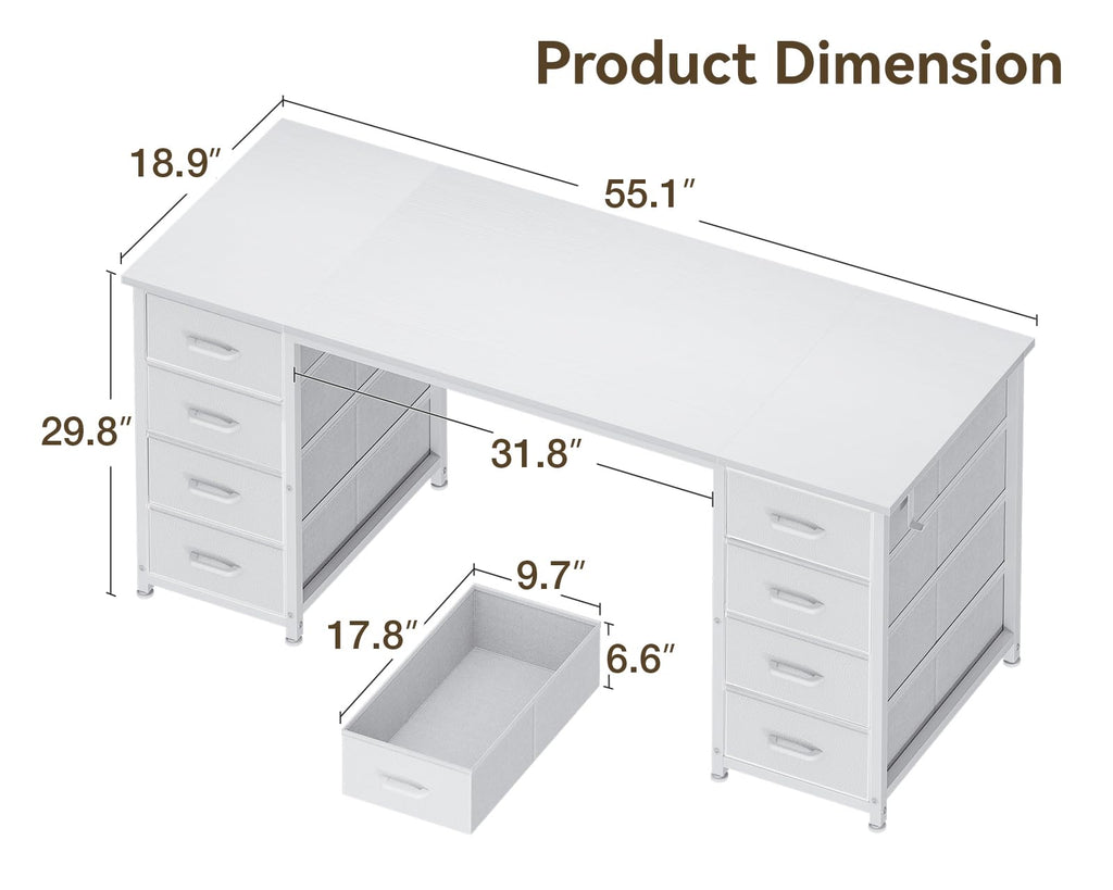 55 Inch Computer Desk with 8 Fabric Drawers White E837272