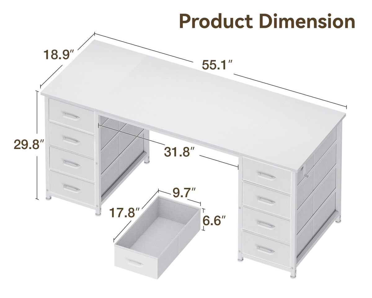 55 Inch Computer Desk with 8 Fabric Drawers White E837272