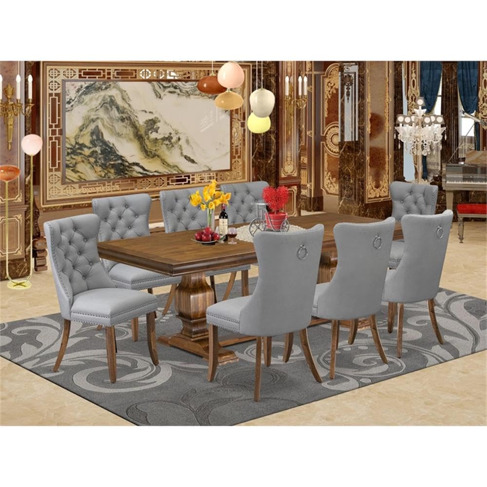 9-Piece Acacia Wood Dining Table Set with 8 Gray Faux Leather Chairs K724621