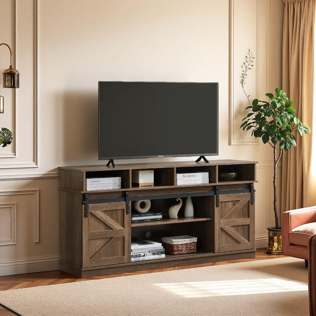 Brown TV Stand with Storage Cabinets & Sliding Barn Doors O68949
