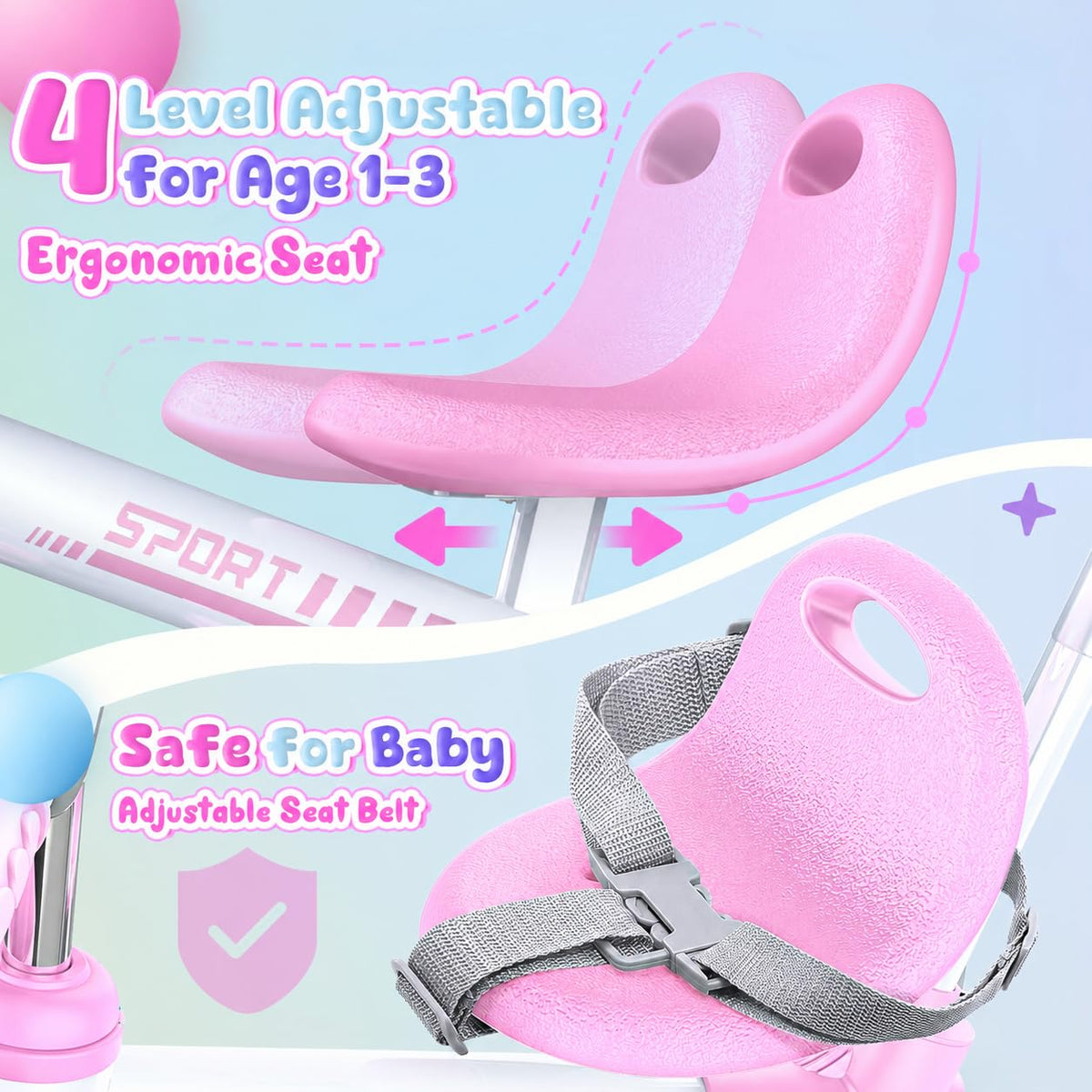 5 in 1 Pink Tricycle with Push Handle U924612