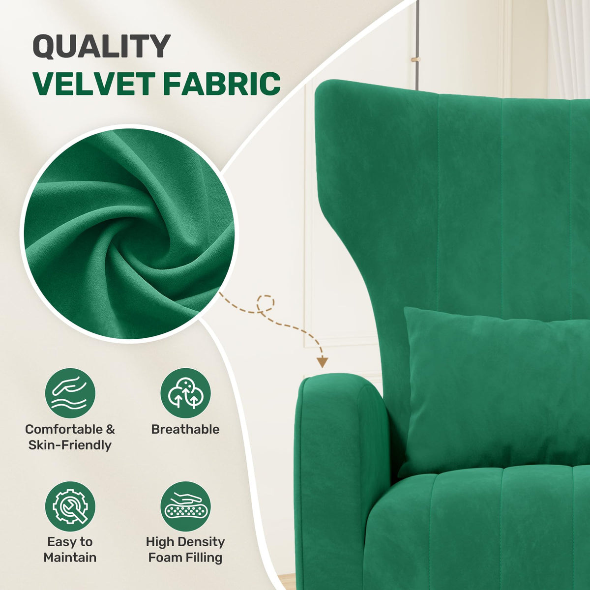 Velvet Accent Chairs Set of 2 High Back Armchair with Lumbar Pillow Green Q8917