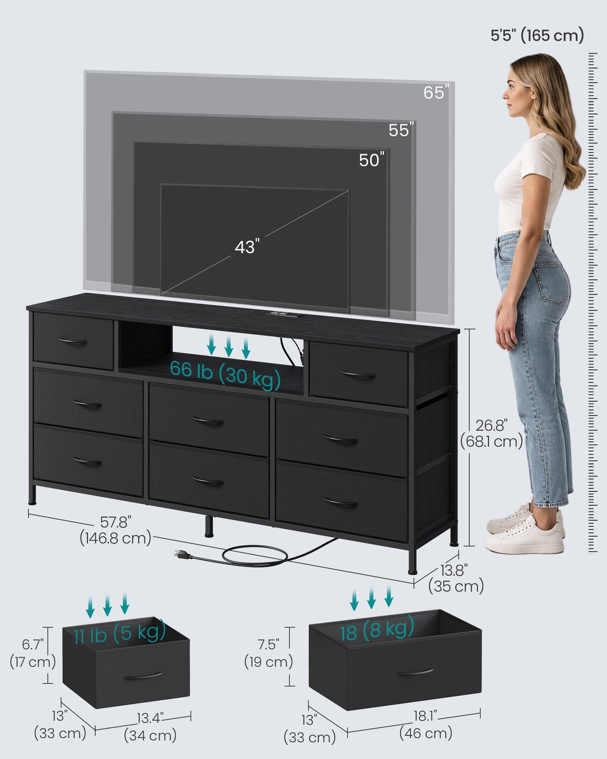 8 Fabric Drawers Dresser with Outlets & LED Lights N30099