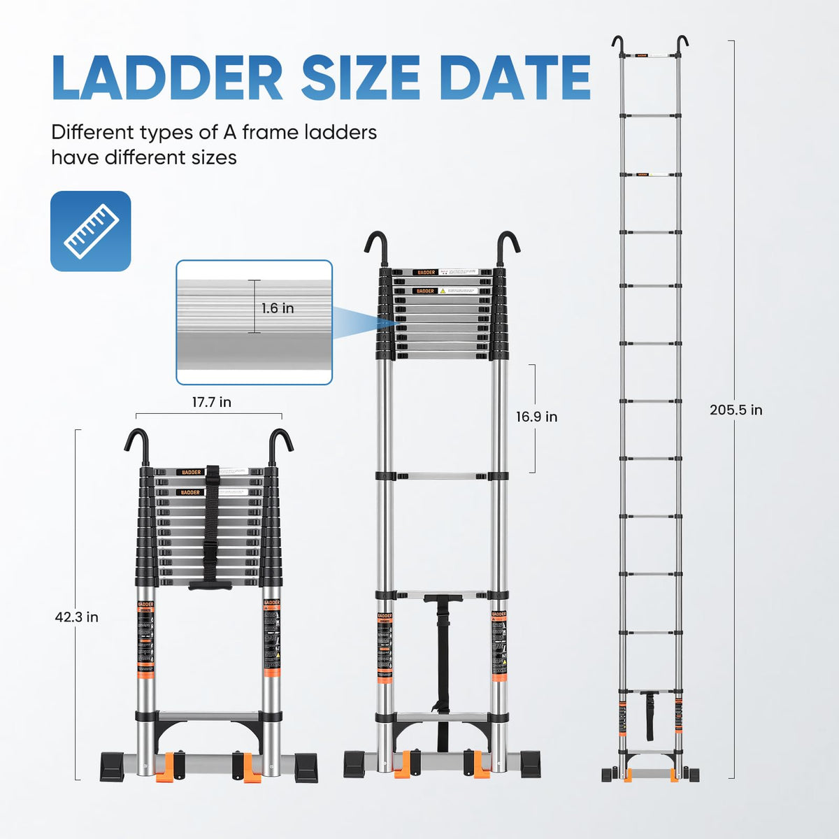 Telescoping Ladder 16.5 FT with Wheels & Hooks 330 lbs A6808