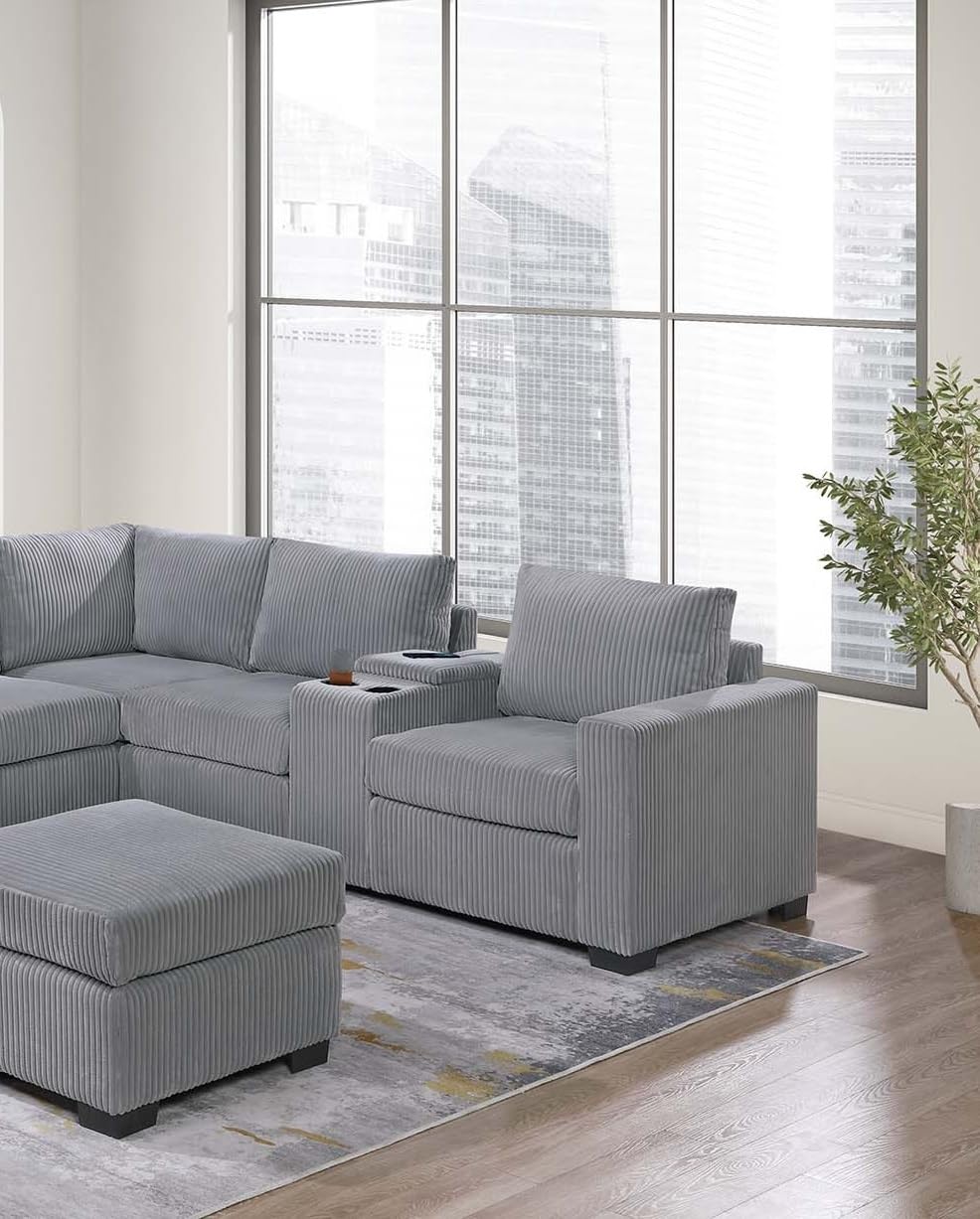 Light Gray Corduroy Upholstered Sectional Sofa Set I634805