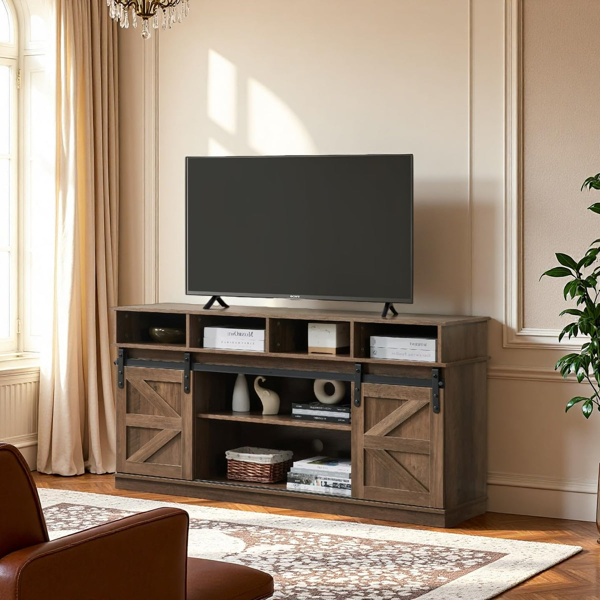 Brown TV Stand with Storage Cabinets & Sliding Barn Doors O68949