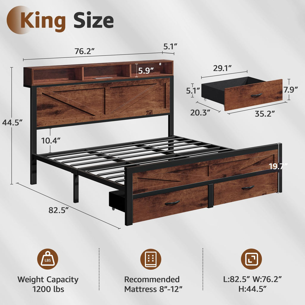 King Size Bed Frame with Storage Drawers and Charging Station W11066