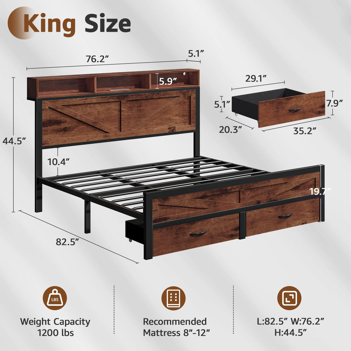 King Size Bed Frame with Storage Drawers and Charging Station W11066