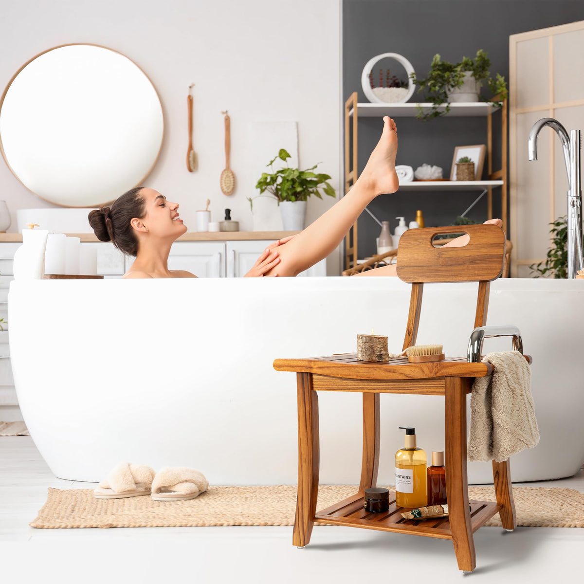 Teak Shower Bench with Handles and Backrest A1546