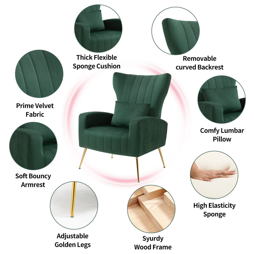 Green Velvet Accent Chairs Set of 2 with Lumbar Pillow J56048