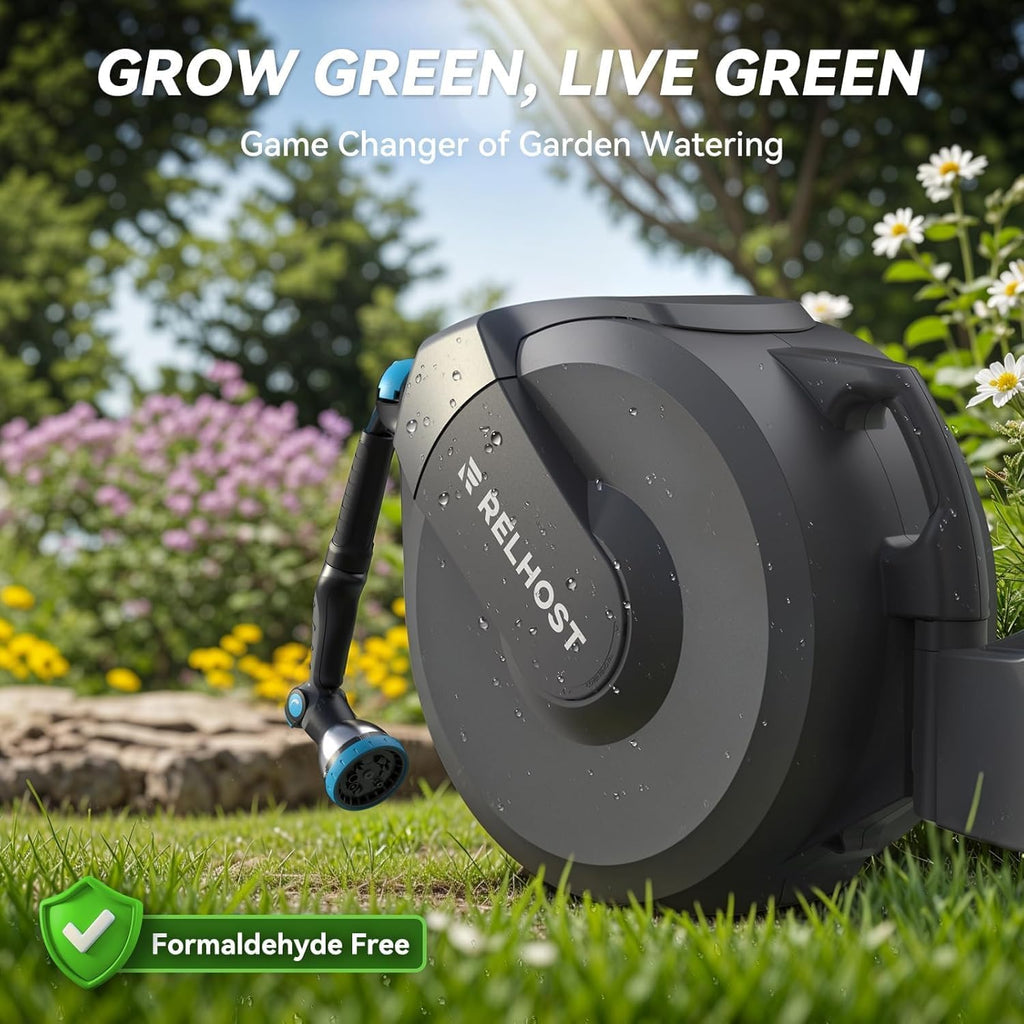 Retractable Garden Hose Reel, 5/8 in x 100 ft Wall Mount Heavy Duty with 10-Pattern Nozzle, Dark Grey N2044