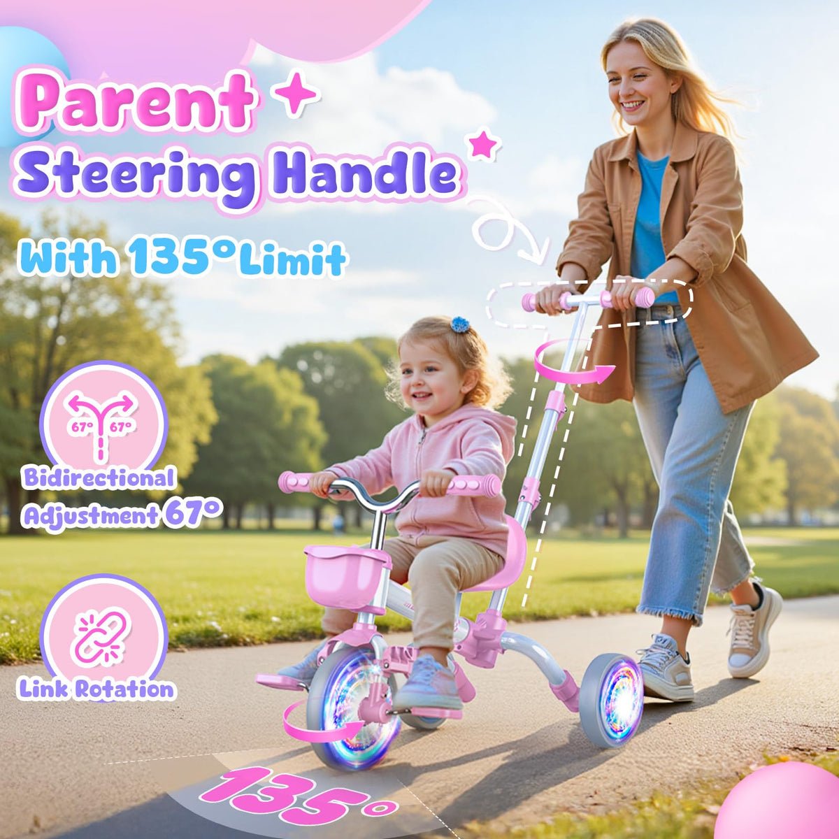 5 in 1 Pink Tricycle with Push Handle U924612