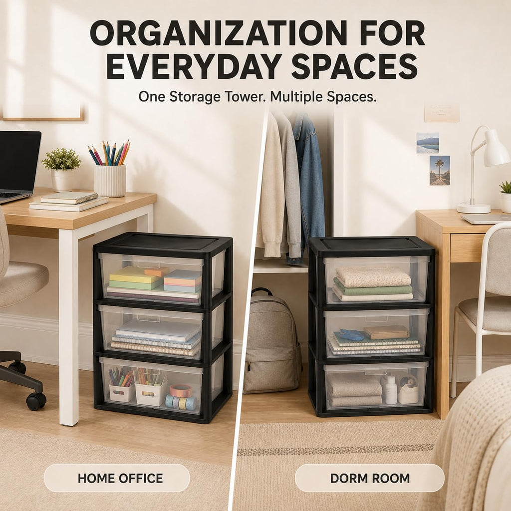 Plastic 3 Drawer Storage Tower with Clear Removable Bins X569952