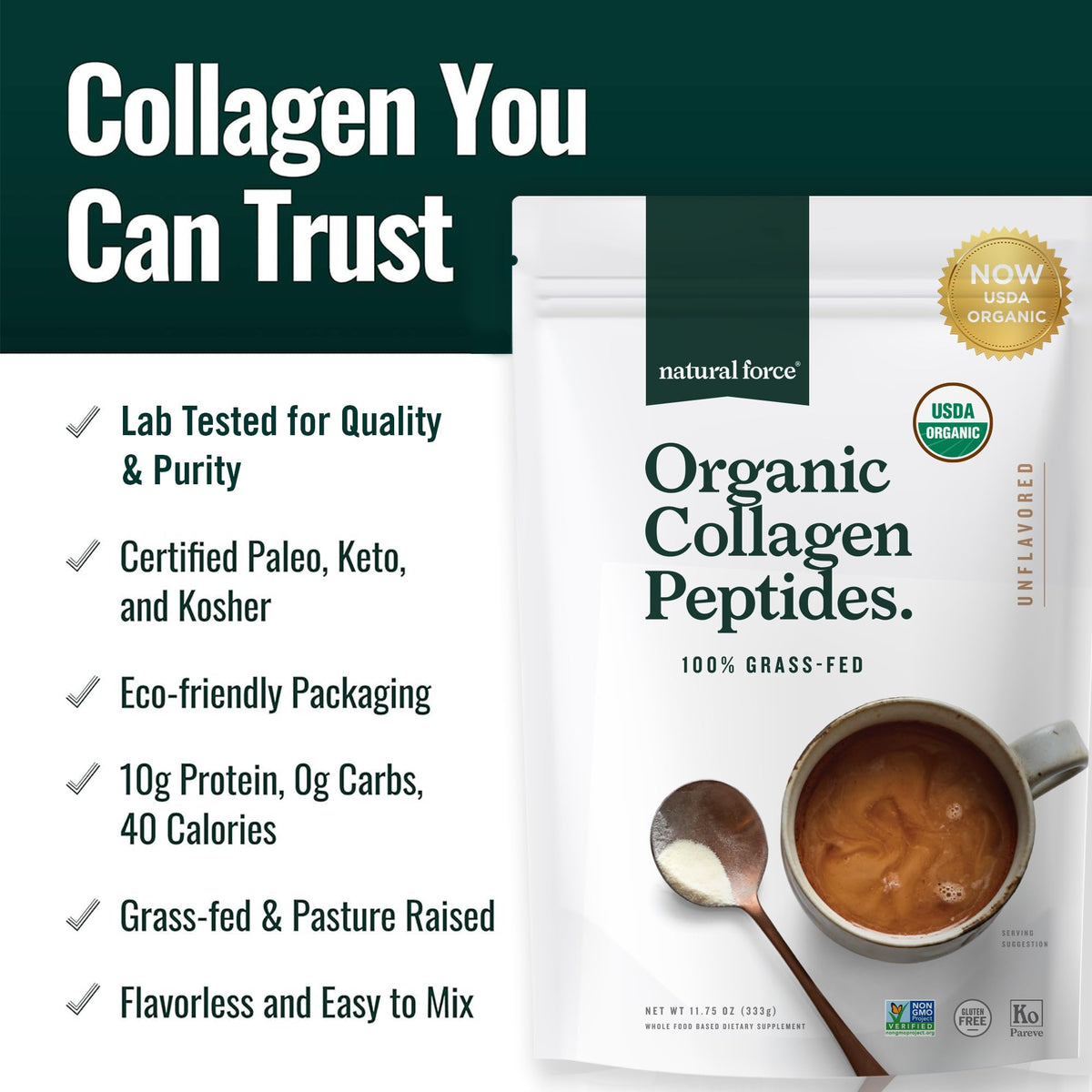 Organic Hydrolyzed Collagen Peptides Powder Unflavored 10.7oz T6316