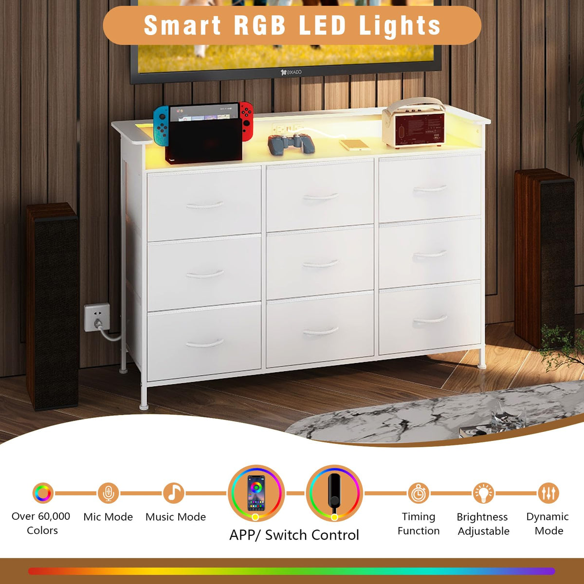 White 9 Drawer Dresser with LED Light and Charging Station Y3062