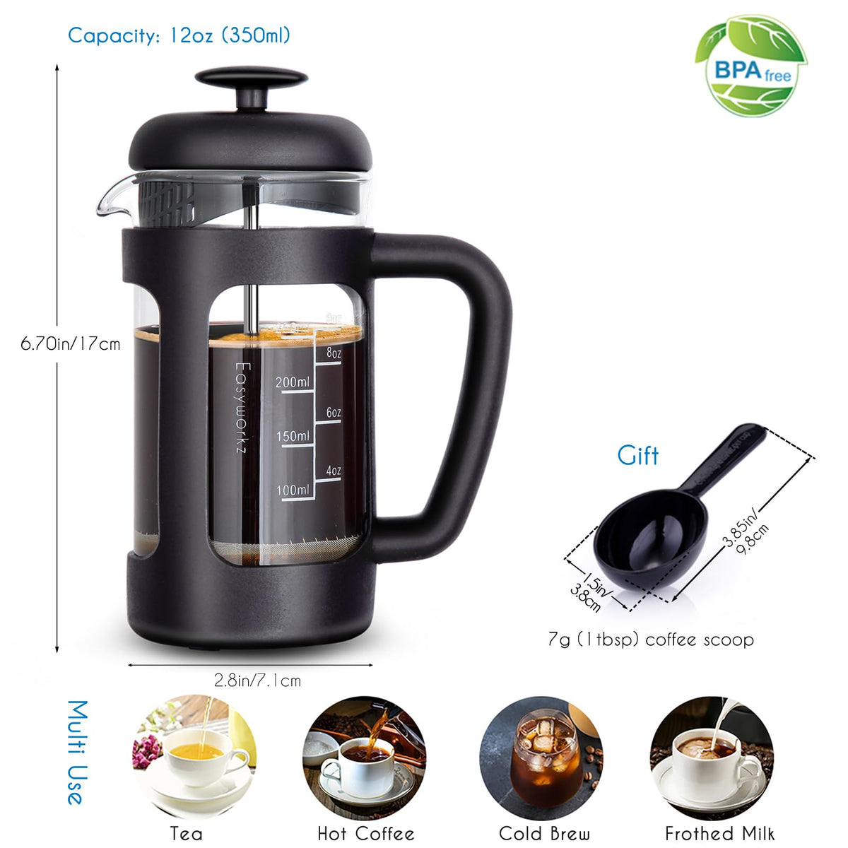 12 oz French Press Coffee Tea Maker with 10g Measuring Spoon O25353