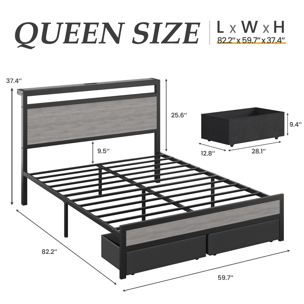 Queen Size Storage Bed Frame with Wood Headboard and LED Lights G892626