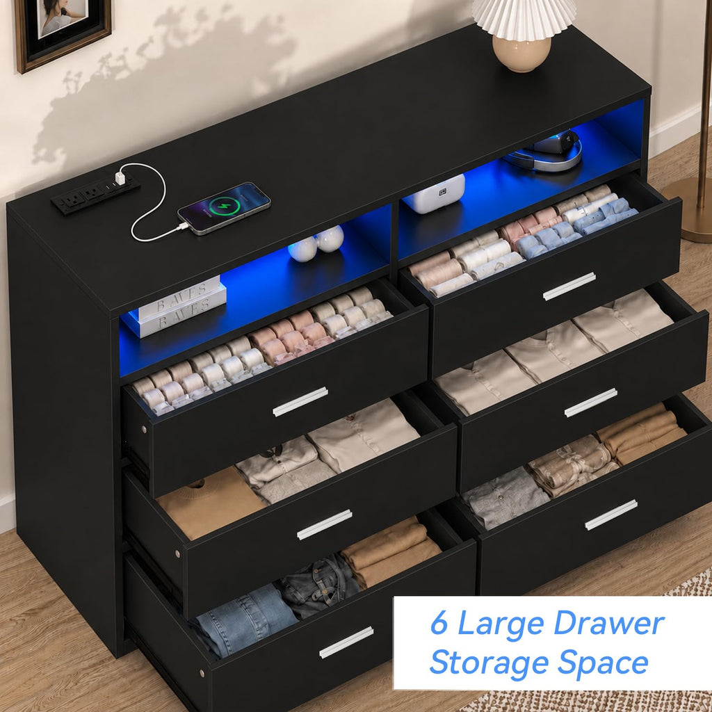 Black 6 Drawer Wood Dresser with Power Outlets M1245
