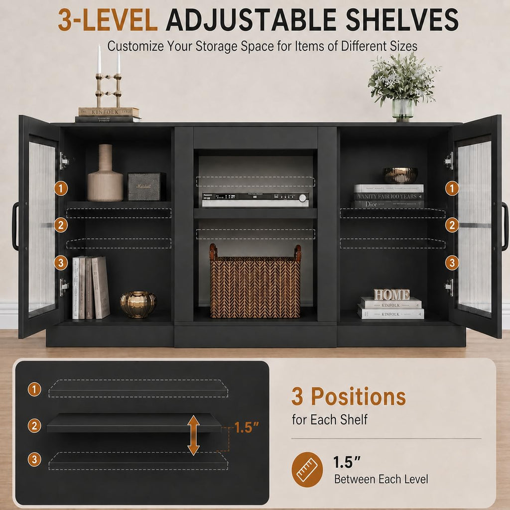 Black 58" TV Stand with Storage Cabinets and Adjustable Shelves M9776