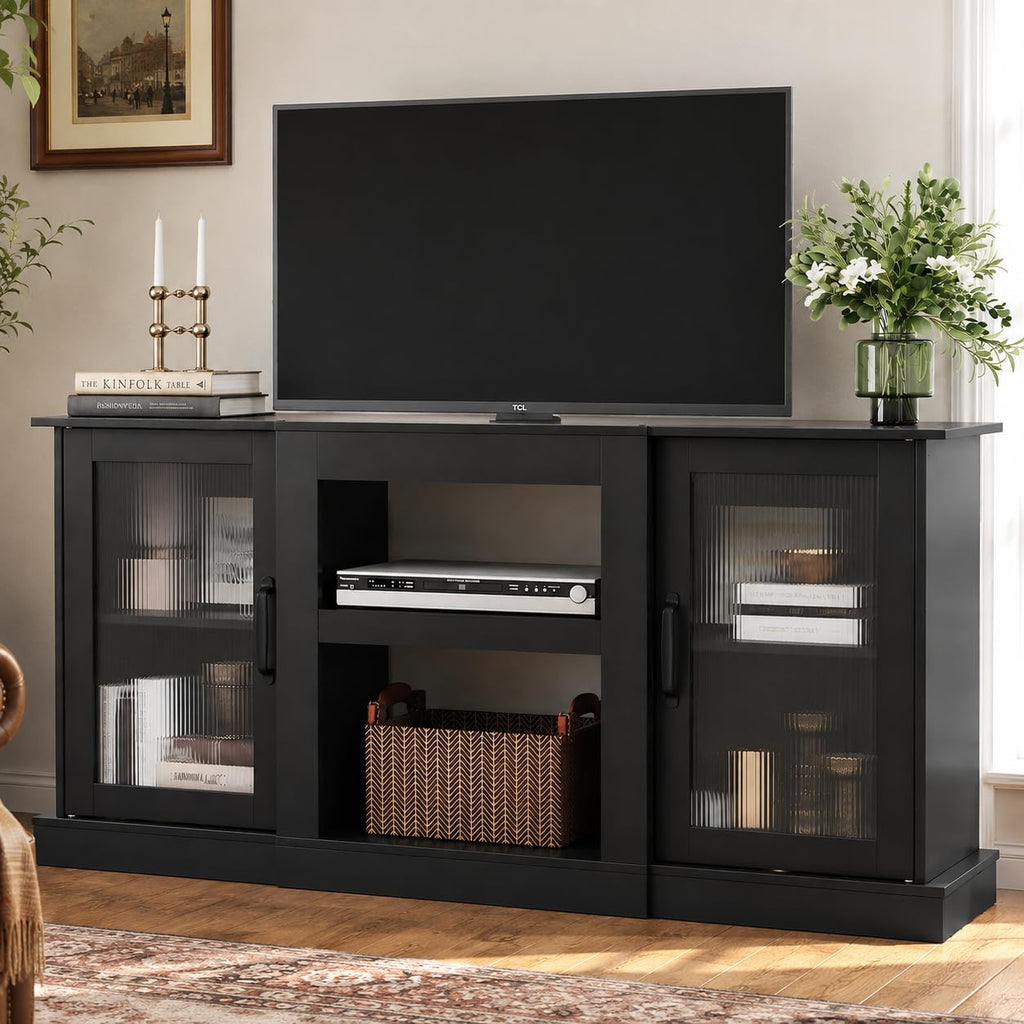 Black 58" TV Stand with Storage Cabinets and Adjustable Shelves M9776